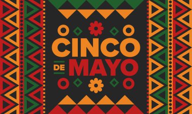 Meksika 'da Cinco de Mayo. Mayıs ayındaki geleneksel Meksika şenliği. Karnaval, festival ve geçit töreniyle ulusal mutlu bayramlar. Latin Amerika ve İspanyol tarzı. Sombrero ile illüstrasyon. Vektör posteri