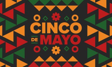 Meksika 'da Cinco de Mayo. Mayıs ayındaki geleneksel Meksika şenliği. Karnaval, festival ve geçit töreniyle ulusal mutlu bayramlar. Latin Amerika ve İspanyol tarzı. Sombrero ile illüstrasyon. Vektör posteri