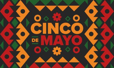 Meksika 'da Cinco de Mayo. Mayıs ayındaki geleneksel Meksika şenliği. Karnaval, festival ve geçit töreniyle ulusal mutlu bayramlar. Latin Amerika ve İspanyol tarzı. Sombrero ile illüstrasyon. Vektör posteri