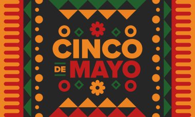 Meksika 'da Cinco de Mayo. Mayıs ayındaki geleneksel Meksika şenliği. Karnaval, festival ve geçit töreniyle ulusal mutlu bayramlar. Latin Amerika ve İspanyol tarzı. Sombrero ile illüstrasyon. Vektör posteri
