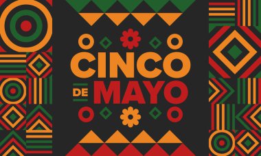 Meksika 'da Cinco de Mayo. Mayıs ayındaki geleneksel Meksika şenliği. Karnaval, festival ve geçit töreniyle ulusal mutlu bayramlar. Latin Amerika ve İspanyol tarzı. Sombrero ile illüstrasyon. Vektör posteri