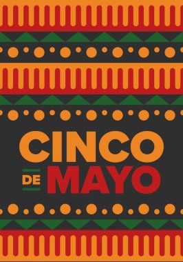 Meksika 'da Cinco de Mayo. Mayıs ayındaki geleneksel Meksika şenliği. Karnaval, festival ve geçit töreniyle ulusal mutlu bayramlar. Latin Amerika ve İspanyol tarzı. Sombrero ile illüstrasyon. Vektör posteri