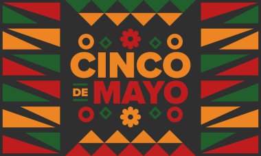 Meksika 'da Cinco de Mayo. Mayıs ayındaki geleneksel Meksika şenliği. Karnaval, festival ve geçit töreniyle ulusal mutlu bayramlar. Latin Amerika ve İspanyol tarzı. Sombrero ile illüstrasyon. Vektör posteri