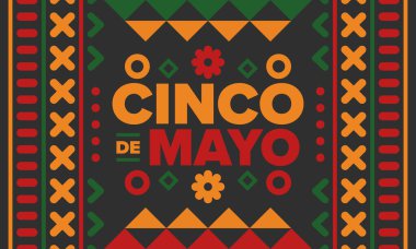 Meksika 'da Cinco de Mayo. Mayıs ayındaki geleneksel Meksika şenliği. Karnaval, festival ve geçit töreniyle ulusal mutlu bayramlar. Latin Amerika ve İspanyol tarzı. Sombrero ile illüstrasyon. Vektör posteri