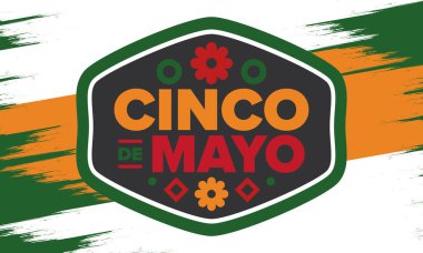 Meksika 'da Cinco de Mayo. Mayıs ayındaki geleneksel Meksika şenliği. Karnaval, festival ve geçit töreniyle ulusal mutlu bayramlar. Latin Amerika ve İspanyol tarzı. Sombrero ile illüstrasyon. Vektör posteri