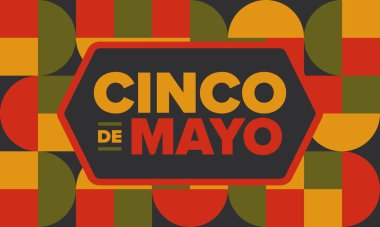 Meksika 'da Cinco de Mayo. Mayıs ayındaki geleneksel Meksika şenliği. Karnaval, festival ve geçit töreniyle ulusal mutlu bayramlar. Latin Amerika ve İspanyol tarzı. Sombrero ile illüstrasyon. Vektör posteri