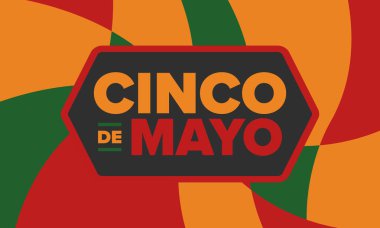 Meksika 'da Cinco de Mayo. Mayıs ayındaki geleneksel Meksika şenliği. Karnaval, festival ve geçit töreniyle ulusal mutlu bayramlar. Latin Amerika ve İspanyol tarzı. Sombrero ile illüstrasyon. Vektör posteri