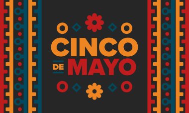 Meksika 'da Cinco de Mayo. Mayıs ayındaki geleneksel Meksika şenliği. Karnaval, festival ve geçit töreniyle ulusal mutlu bayramlar. Latin Amerika ve İspanyol tarzı. Sombrero ile illüstrasyon. Vektör posteri