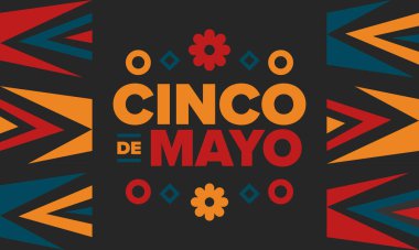 Meksika 'da Cinco de Mayo. Mayıs ayındaki geleneksel Meksika şenliği. Karnaval, festival ve geçit töreniyle ulusal mutlu bayramlar. Latin Amerika ve İspanyol tarzı. Sombrero ile illüstrasyon. Vektör posteri