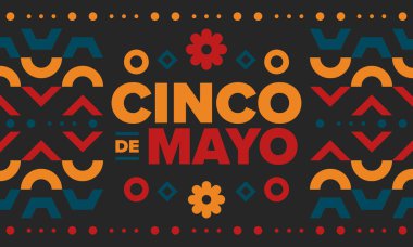 Meksika 'da Cinco de Mayo. Mayıs ayındaki geleneksel Meksika şenliği. Karnaval, festival ve geçit töreniyle ulusal mutlu bayramlar. Latin Amerika ve İspanyol tarzı. Sombrero ile illüstrasyon. Vektör posteri