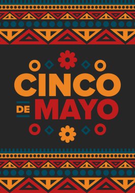 Meksika 'da Cinco de Mayo. Mayıs ayındaki geleneksel Meksika şenliği. Karnaval, festival ve geçit töreniyle ulusal mutlu bayramlar. Latin Amerika ve İspanyol tarzı. Sombrero ile illüstrasyon. Vektör posteri