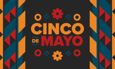 Meksika 'da Cinco de Mayo. Mayıs ayındaki geleneksel Meksika şenliği. Karnaval, festival ve geçit töreniyle ulusal mutlu bayramlar. Latin Amerika ve İspanyol tarzı. Sombrero ile illüstrasyon. Vektör posteri