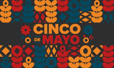 Meksika 'da Cinco de Mayo. Mayıs ayındaki geleneksel Meksika şenliği. Karnaval, festival ve geçit töreniyle ulusal mutlu bayramlar. Latin Amerika ve İspanyol tarzı. Sombrero ile illüstrasyon. Vektör posteri