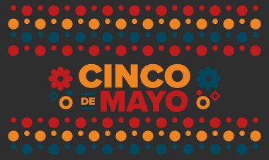 Meksika 'da Cinco de Mayo. Mayıs ayındaki geleneksel Meksika şenliği. Karnaval, festival ve geçit töreniyle ulusal mutlu bayramlar. Latin Amerika ve İspanyol tarzı. Sombrero ile illüstrasyon. Vektör posteri