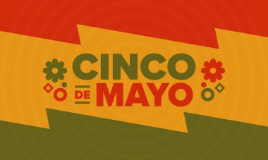 Meksika 'da Cinco de Mayo. Mayıs ayındaki geleneksel Meksika şenliği. Karnaval, festival ve geçit töreniyle ulusal mutlu bayramlar. Latin Amerika ve İspanyol tarzı. Sombrero ile illüstrasyon. Vektör posteri