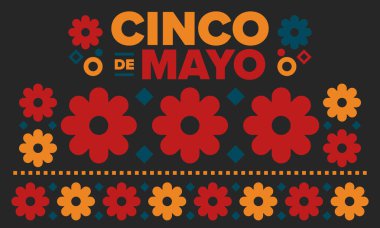 Meksika 'da Cinco de Mayo. Mayıs ayındaki geleneksel Meksika şenliği. Karnaval, festival ve geçit töreniyle ulusal mutlu bayramlar. Latin Amerika ve İspanyol tarzı. Sombrero ile illüstrasyon. Vektör posteri