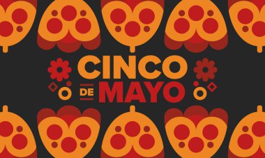 Meksika 'da Cinco de Mayo. Mayıs ayındaki geleneksel Meksika şenliği. Karnaval, festival ve geçit töreniyle ulusal mutlu bayramlar. Latin Amerika ve İspanyol tarzı. Sombrero ile illüstrasyon. Vektör posteri