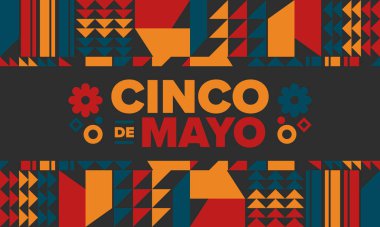 Meksika 'da Cinco de Mayo. Mayıs ayındaki geleneksel Meksika şenliği. Karnaval, festival ve geçit töreniyle ulusal mutlu bayramlar. Latin Amerika ve İspanyol tarzı. Sombrero ile illüstrasyon. Vektör posteri