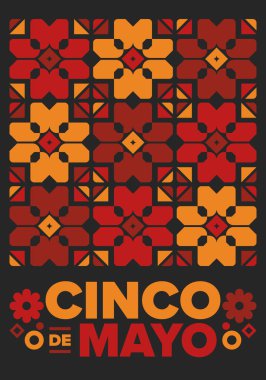 Meksika 'da Cinco de Mayo. Mayıs ayındaki geleneksel Meksika şenliği. Karnaval, festival ve geçit töreniyle ulusal mutlu bayramlar. Latin Amerika ve İspanyol tarzı. Sombrero ile illüstrasyon. Vektör posteri