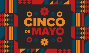 Meksika 'da Cinco de Mayo. Mayıs ayındaki geleneksel Meksika şenliği. Karnaval, festival ve geçit töreniyle ulusal mutlu bayramlar. Latin Amerika ve İspanyol tarzı. Sombrero ile illüstrasyon. Vektör posteri