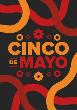 Meksika 'da Cinco de Mayo. Mayıs ayındaki geleneksel Meksika şenliği. Karnaval, festival ve geçit töreniyle ulusal mutlu bayramlar. Latin Amerika ve İspanyol tarzı. Sombrero ile illüstrasyon. Vektör posteri