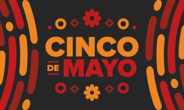 Meksika 'da Cinco de Mayo. Mayıs ayındaki geleneksel Meksika şenliği. Karnaval, festival ve geçit töreniyle ulusal mutlu bayramlar. Latin Amerika ve İspanyol tarzı. Sombrero ile illüstrasyon. Vektör posteri