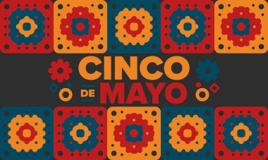 Meksika 'da Cinco de Mayo. Mayıs ayındaki geleneksel Meksika şenliği. Karnaval, festival ve geçit töreniyle ulusal mutlu bayramlar. Latin Amerika ve İspanyol tarzı. Sombrero ile illüstrasyon. Vektör posteri