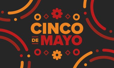 Meksika 'da Cinco de Mayo. Mayıs ayındaki geleneksel Meksika şenliği. Karnaval, festival ve geçit töreniyle ulusal mutlu bayramlar. Latin Amerika ve İspanyol tarzı. Sombrero ile illüstrasyon. Vektör posteri