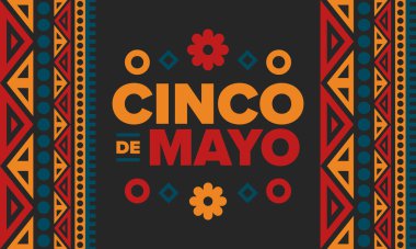Meksika 'da Cinco de Mayo. Mayıs ayındaki geleneksel Meksika şenliği. Karnaval, festival ve geçit töreniyle ulusal mutlu bayramlar. Latin Amerika ve İspanyol tarzı. Sombrero ile illüstrasyon. Vektör posteri