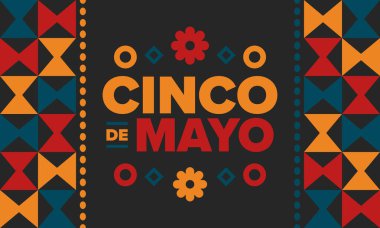Meksika 'da Cinco de Mayo. Mayıs ayındaki geleneksel Meksika şenliği. Karnaval, festival ve geçit töreniyle ulusal mutlu bayramlar. Latin Amerika ve İspanyol tarzı. Sombrero ile illüstrasyon. Vektör posteri