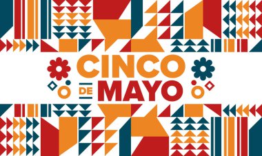 Meksika 'da Cinco de Mayo. Mayıs ayındaki geleneksel Meksika şenliği. Karnaval, festival ve geçit töreniyle ulusal mutlu bayramlar. Latin Amerika ve İspanyol tarzı. Sombrero ile illüstrasyon. Vektör posteri