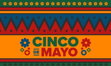 Meksika 'da Cinco de Mayo. Mayıs ayındaki geleneksel Meksika şenliği. Karnaval, festival ve geçit töreniyle ulusal mutlu bayramlar. Latin Amerika ve İspanyol tarzı. Sombrero ile illüstrasyon. Vektör posteri