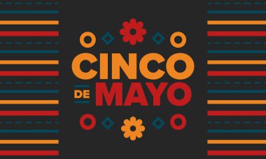 Meksika 'da Cinco de Mayo. Mayıs ayındaki geleneksel Meksika şenliği. Karnaval, festival ve geçit töreniyle ulusal mutlu bayramlar. Latin Amerika ve İspanyol tarzı. Sombrero ile illüstrasyon. Vektör posteri