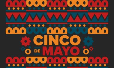 Meksika 'da Cinco de Mayo. Mayıs ayındaki geleneksel Meksika şenliği. Karnaval, festival ve geçit töreniyle ulusal mutlu bayramlar. Latin Amerika ve İspanyol tarzı. Sombrero ile illüstrasyon. Vektör posteri