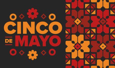 Meksika 'da Cinco de Mayo. Mayıs ayındaki geleneksel Meksika şenliği. Karnaval, festival ve geçit töreniyle ulusal mutlu bayramlar. Latin Amerika ve İspanyol tarzı. Sombrero ile illüstrasyon. Vektör posteri