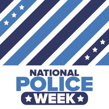 Mayıs 'ta Ulusal Polis Haftası. Amerika 'da yıllık kutlama. Kahraman polisin onuruna. Polis rozeti ve vatansever unsurlar. Subaylar Anma Günü. Poster, kart, pankart. Vektör illüstrasyonu