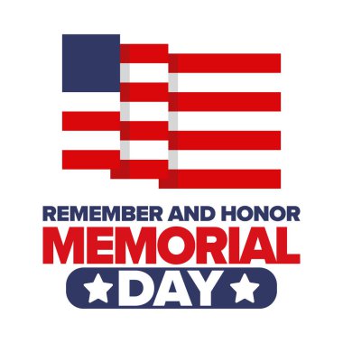 Amerika 'da Anma Günü. Unutma ve onurlandır. Birleşik Devletler Silahlı Kuvvetleri 'nde görev yaparken ölen insanları hatırlamak ve onurlandırmak için federal bayram. Mayıs 'ta kutlandı. Vektör posteri