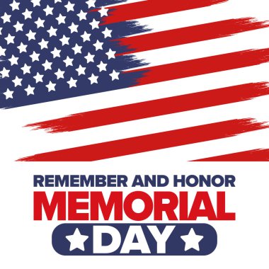 Amerika 'da Anma Günü. Unutma ve onurlandır. Birleşik Devletler Silahlı Kuvvetleri 'nde görev yaparken ölen insanları hatırlamak ve onurlandırmak için federal bayram. Mayıs 'ta kutlandı. Vektör posteri