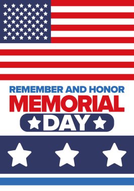 Amerika 'da Anma Günü. Unutma ve onurlandır. Birleşik Devletler Silahlı Kuvvetleri 'nde görev yaparken ölen insanları hatırlamak ve onurlandırmak için federal bayram. Mayıs 'ta kutlandı. Vektör posteri
