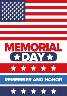 Amerika 'da Anma Günü. Unutma ve onurlandır. Birleşik Devletler Silahlı Kuvvetleri 'nde görev yaparken ölen insanları hatırlamak ve onurlandırmak için federal bayram. Mayıs 'ta kutlandı. Vektör posteri
