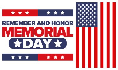 Amerika 'da Anma Günü. Unutma ve onurlandır. Birleşik Devletler Silahlı Kuvvetleri 'nde görev yaparken ölen insanları hatırlamak ve onurlandırmak için federal bayram. Mayıs 'ta kutlandı. Vektör posteri