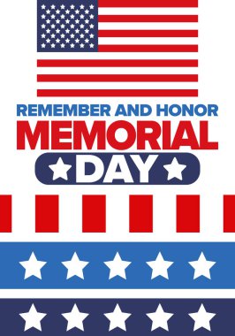 Amerika 'da Anma Günü. Unutma ve onurlandır. Birleşik Devletler Silahlı Kuvvetleri 'nde görev yaparken ölen insanları hatırlamak ve onurlandırmak için federal bayram. Mayıs 'ta kutlandı. Vektör posteri