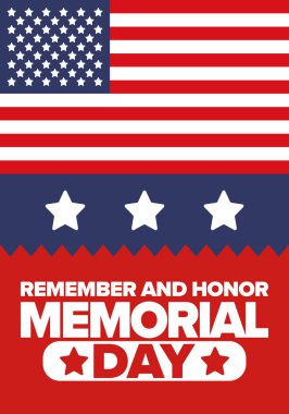 Amerika 'da Anma Günü. Unutma ve onurlandır. Birleşik Devletler Silahlı Kuvvetleri 'nde görev yaparken ölen insanları hatırlamak ve onurlandırmak için federal bayram. Mayıs 'ta kutlandı. Vektör posteri