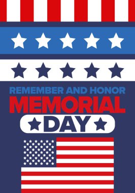 Amerika 'da Anma Günü. Unutma ve onurlandır. Birleşik Devletler Silahlı Kuvvetleri 'nde görev yaparken ölen insanları hatırlamak ve onurlandırmak için federal bayram. Mayıs 'ta kutlandı. Vektör posteri