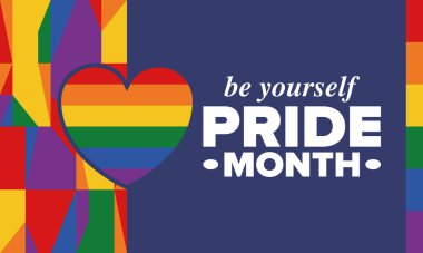 Haziran ayında LGBT Gurur Ayı. Lezbiyen Gey Biseksüel Transseksüel. Yıllık kutlama. LGBT bayrağı. Gökkuşağı aşk konsepti. İnsan hakları ve hoşgörü. Poster, kart, afiş ve geçmiş. Vektör illüstrasyonu