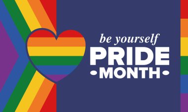 Haziran ayında LGBT Gurur Ayı. Lezbiyen Gey Biseksüel Transseksüel. Yıllık kutlama. LGBT bayrağı. Gökkuşağı aşk konsepti. İnsan hakları ve hoşgörü. Poster, kart, afiş ve geçmiş. Vektör illüstrasyonu