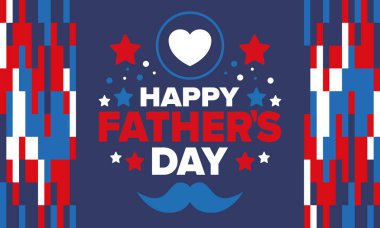 Babalar Günün kutlu olsun. Onurlu babalar. Haziranda güzel bir kutlama. En tatlı aile tatili. Parti etkinliği. Bıyık ve kalp. Mavi renk. Yaratıcı sanat posteri. Vektör tasarımı