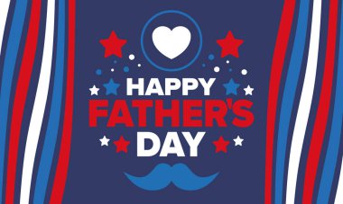 Babalar Günün kutlu olsun. Onurlu babalar. Haziranda güzel bir kutlama. En tatlı aile tatili. Parti etkinliği. Bıyık ve kalp. Mavi renk. Yaratıcı sanat posteri. Vektör tasarımı