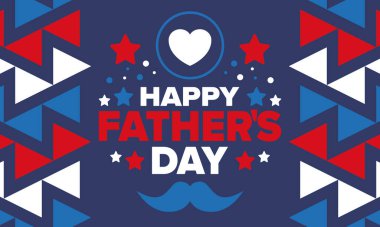 Babalar Günün kutlu olsun. Onurlu babalar. Haziranda güzel bir kutlama. En tatlı aile tatili. Parti etkinliği. Bıyık ve kalp. Mavi renk. Yaratıcı sanat posteri. Vektör tasarımı