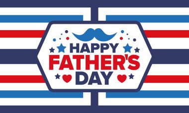 Babalar Günün kutlu olsun. Onurlu babalar. Haziranda güzel bir kutlama. En tatlı aile tatili. Parti etkinliği. Bıyık ve kalp. Mavi renk. Yaratıcı sanat posteri. Vektör tasarımı